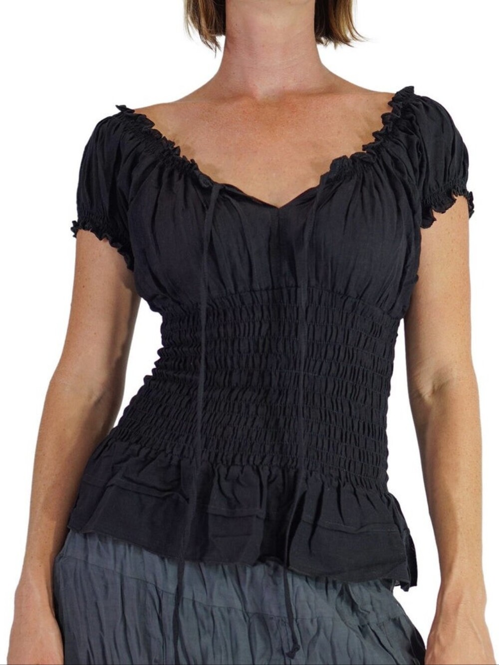 Zootzu Peasant Blouse - Black Smocked Short Sleeve Women's Top